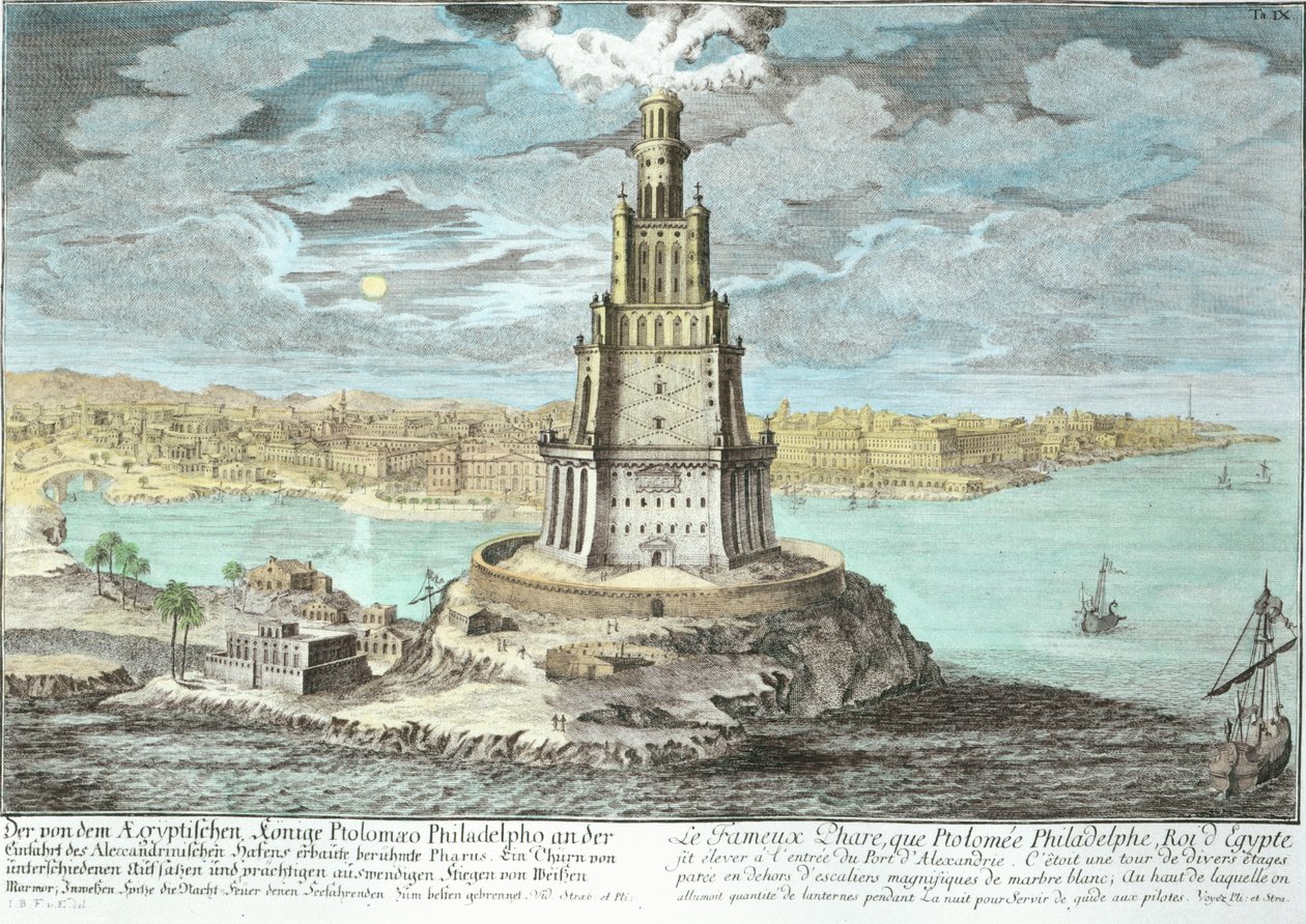 Fyr i Alexandria, bygget av Ptolemaios den store (36-etter 30 f.Kr.), Egypt, fra Entwurf einer historischen Architektur, gravert av Johann Adam Delsenbach (1687-1765) 1721 (senere farge av Johann Bernhard Fischer von Erlach