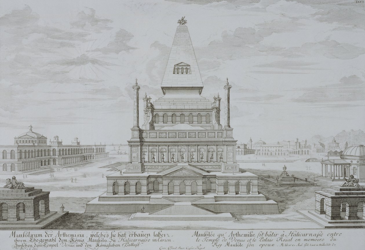 Mausoleum of Halicarnassus, Bodrum, Tyrkia, fra 'Outline of a Historical Architecture', 1721 av Johann Bernhard Fischer von Erlach