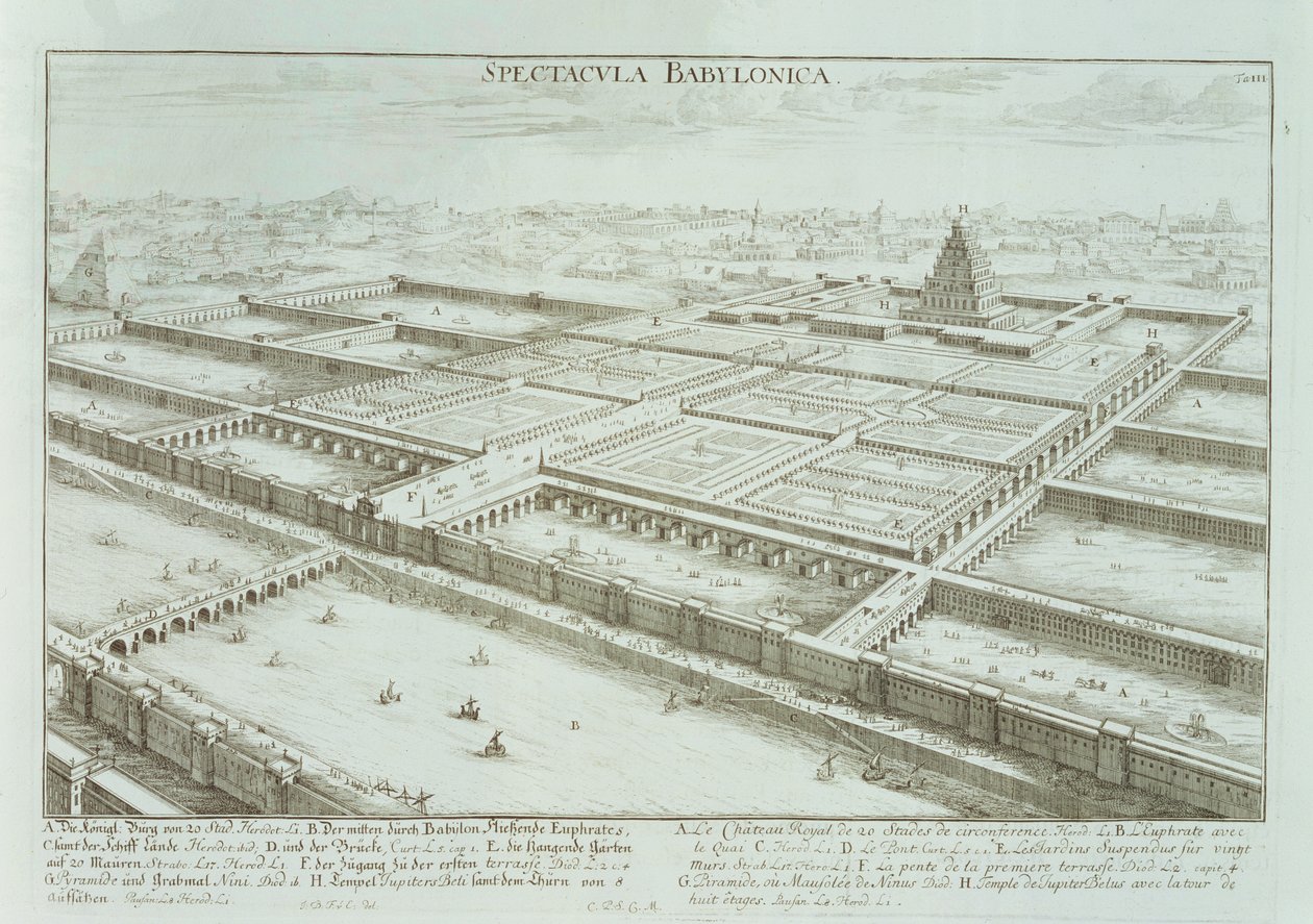 Panoramautsikt over det kongelige palasset og de hengende hagene i Babylon, fra 