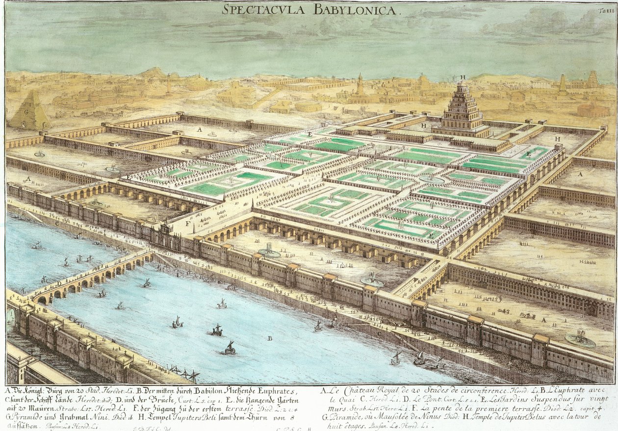 Utsikt over det gamle Babylon som viser de hengende hagene og tempelet til Jupiter Belus, plate 3 fra 
