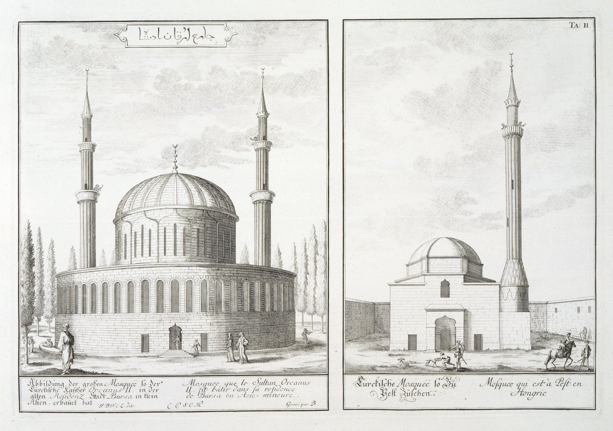 Utsikt over en moske i Bursa og en moske i Ungarn, fra "Blueprint of a Historic Architecture", 1721 av Johann Bernhard Fischer von Erlach