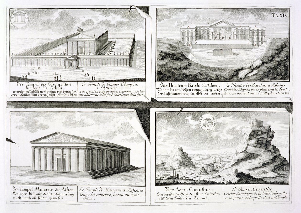 Utsikt over fire klassiske bygninger: Zeus-tempelet, Dionysos-teatret i Athen, Athena-tempelet i Athen og et tempel i Korint, fra Entwurf einer historischen Architektur, av Johann Bernhard Fischer von Erlach
