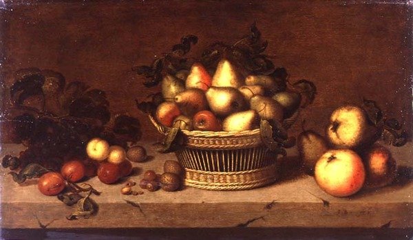 Stilleben av frukt i en kurv (panel) av Johann Bouman