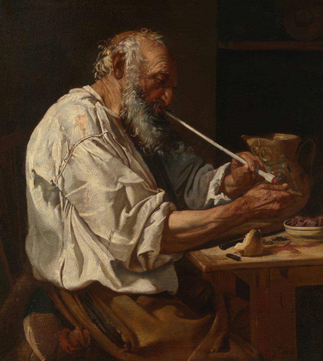 Gammel bonde som tenner et rør, ca. 1660. av Johann Carl Loth
