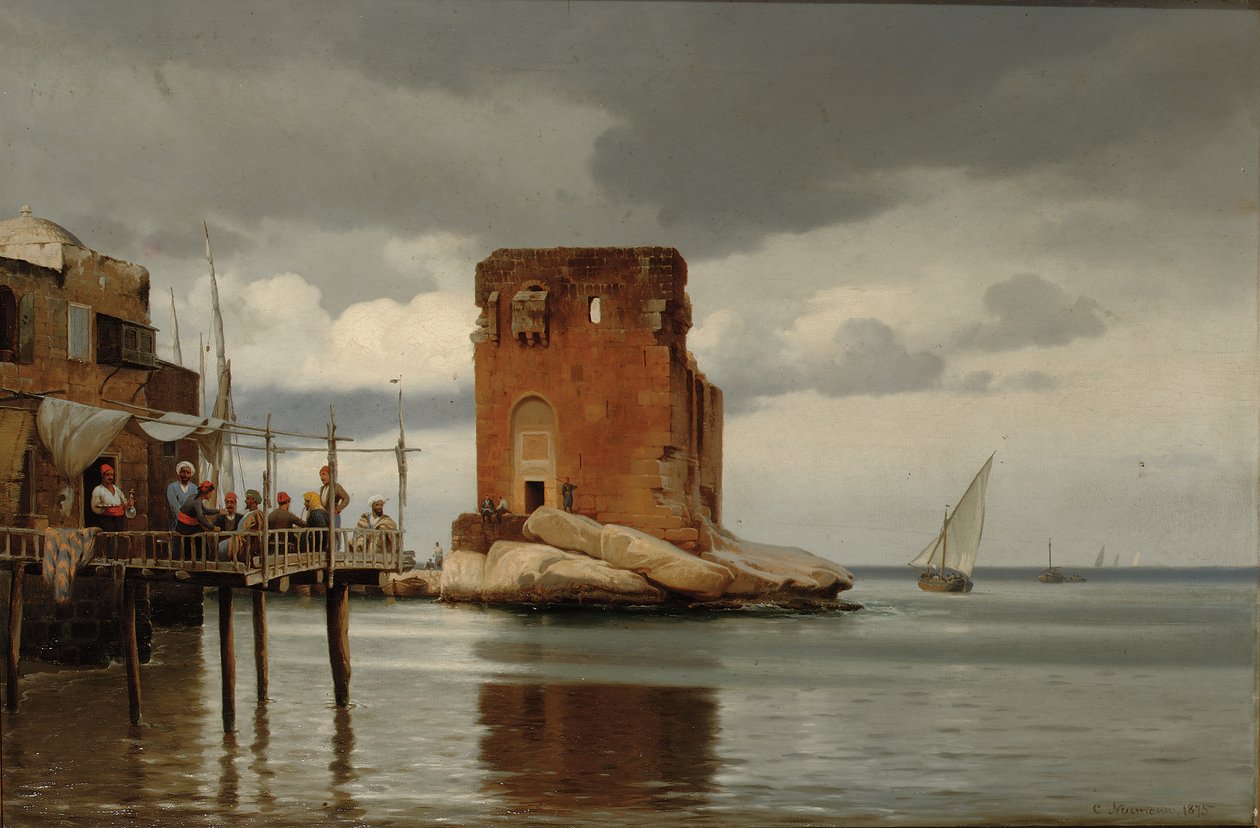 Ved fortalteboden i Beyrouth. Scene av en havn med en bomstasjon, Beirut av Johann Carl Neumann