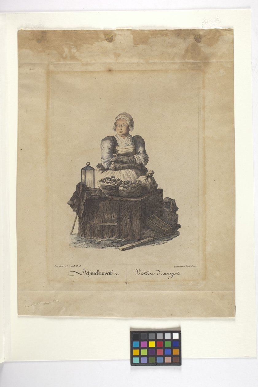 Schneckenweib Or Vendeuse Des Escargots (Snegleleverandør) (håndfarget etsning) av Johann Christian (after) Brand
