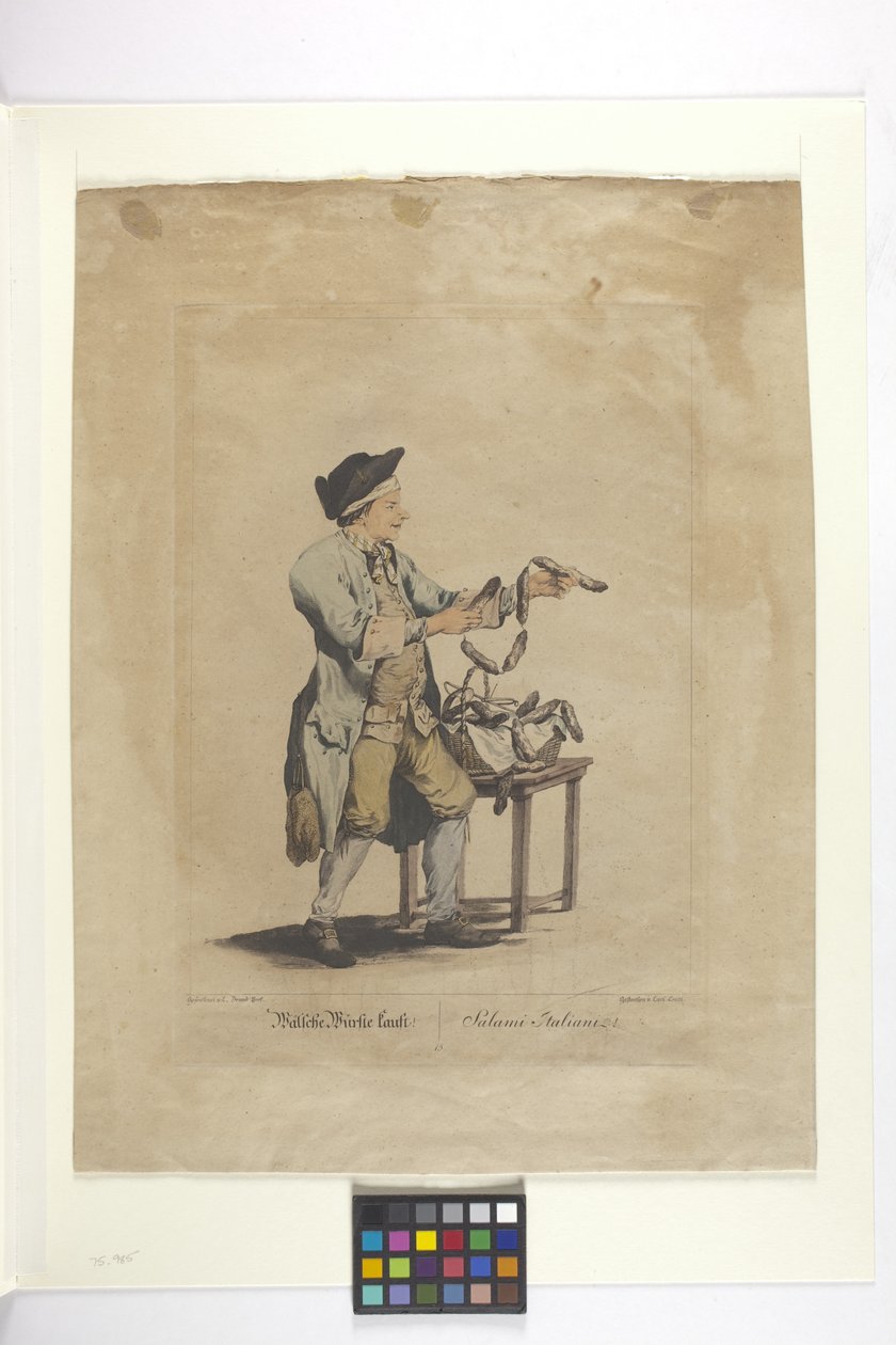 Wälsche Würste Kauft - Salami Italiani (håndfarget etsning) av Johann Christian (after) Brand
