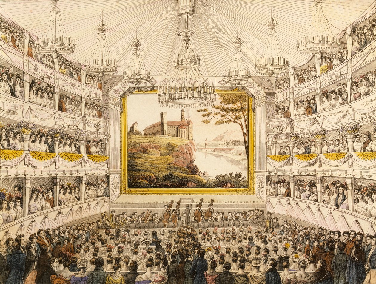 Østerrike, Wien, Interiør av Theater an der Wien (Wien Theater), akvarelltrykk av J.C. Schoeller av Johann Christian (after) Schoeller