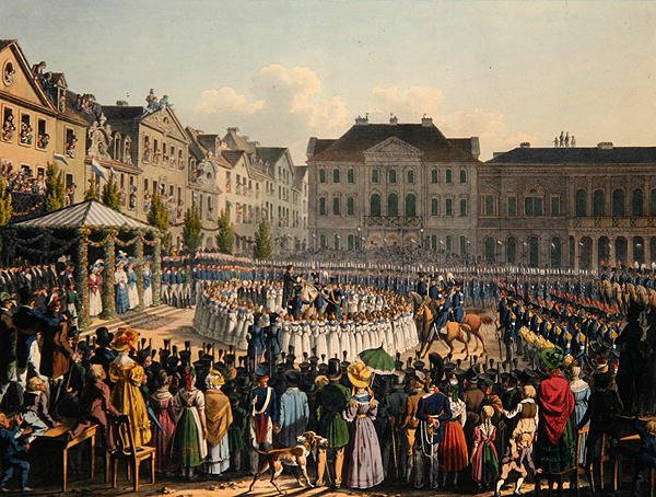 Flagginnvielsesseremoni av Kassel Citizen Guard i 1831 (farge litho) av Johann Christian Arnold