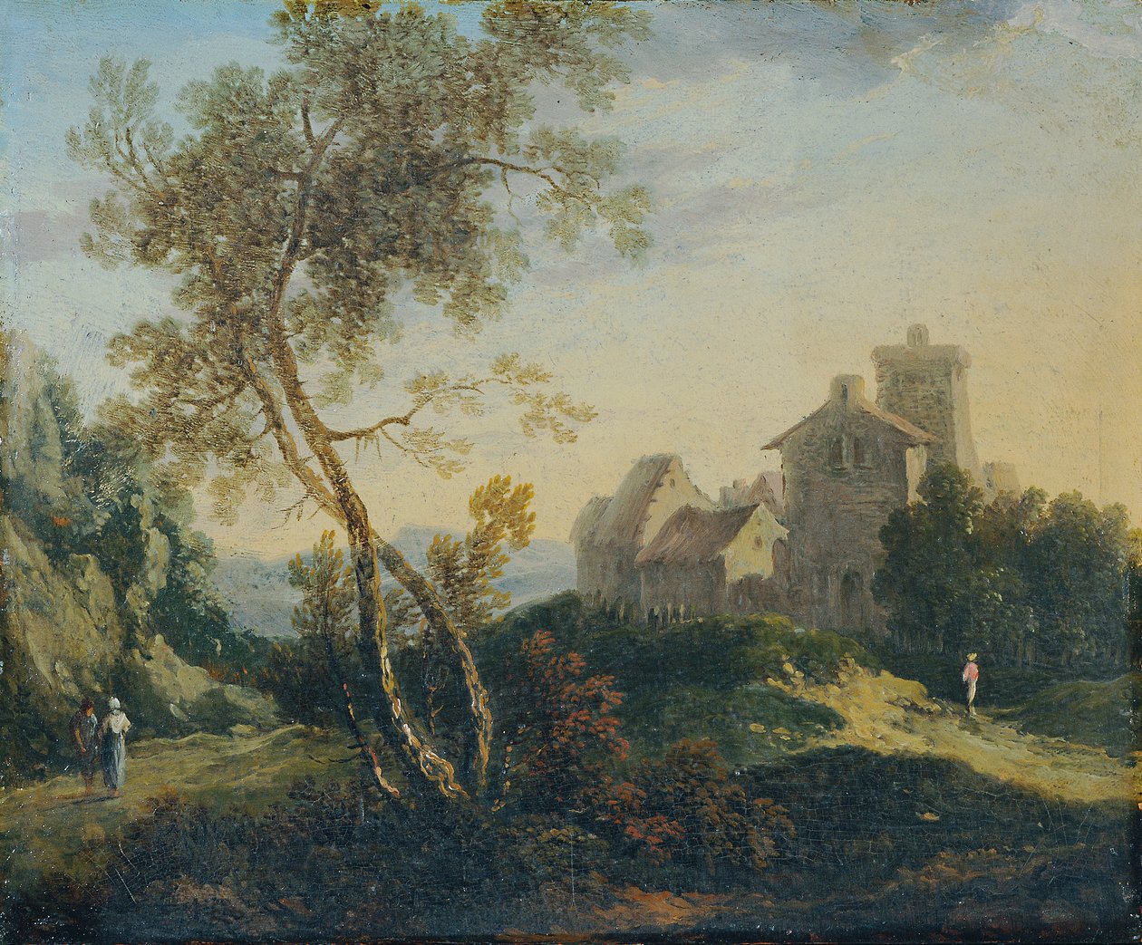 Ideelt landskap med trær og befestet landsby (kvelden) av Johann Christian Brand