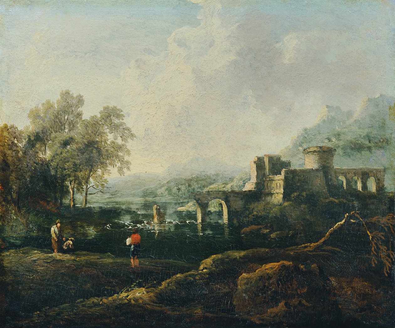 Ideelt landskap med elv og ødelagt bro (The Morning) av Johann Christian Brand