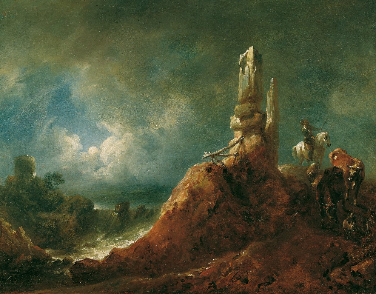 Landskap med ruiner og ryttere av måneskinn av Johann Christian Brand