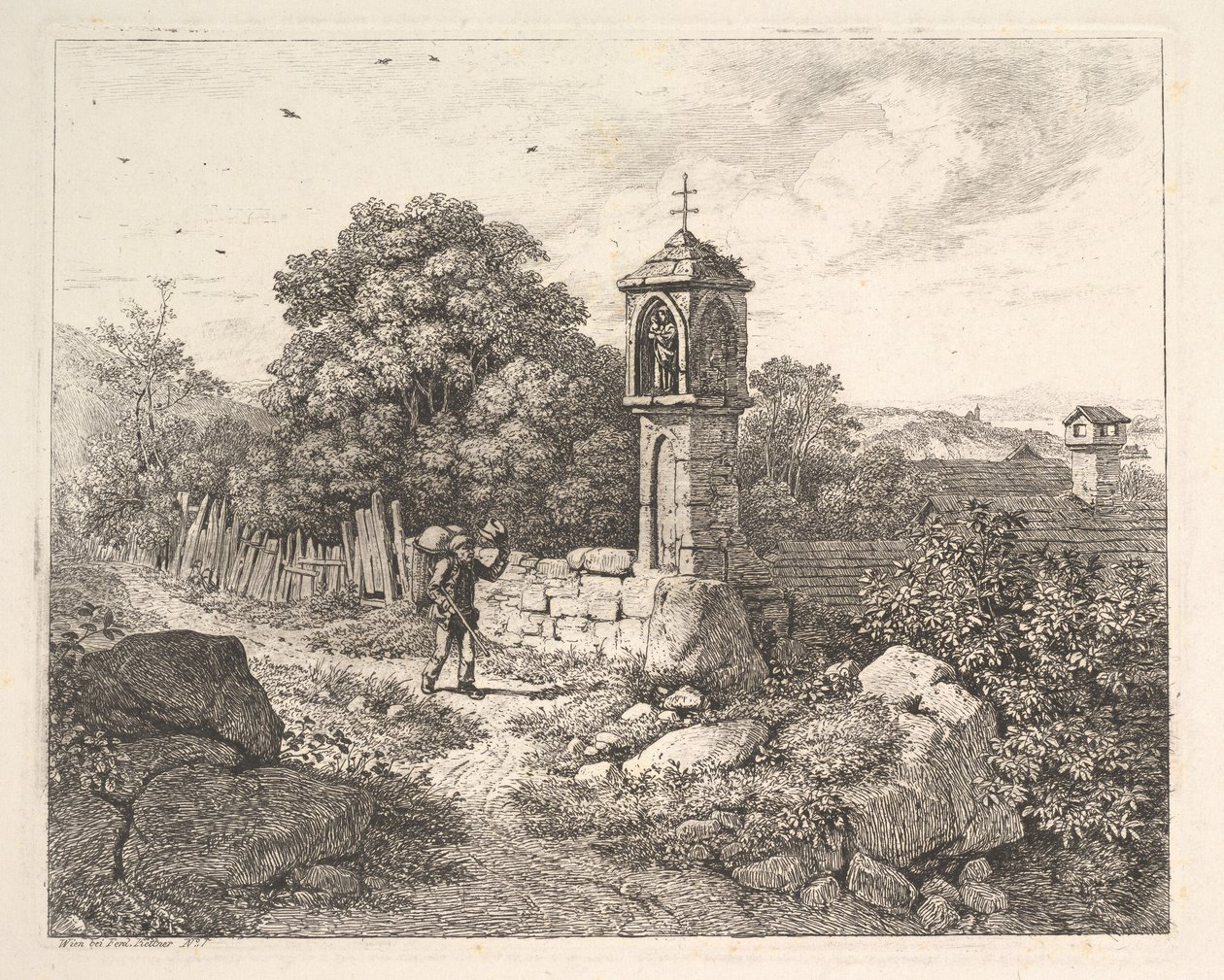 En bonde som hilser på statuen av Maria, 1817. av Johann Christian Erhard