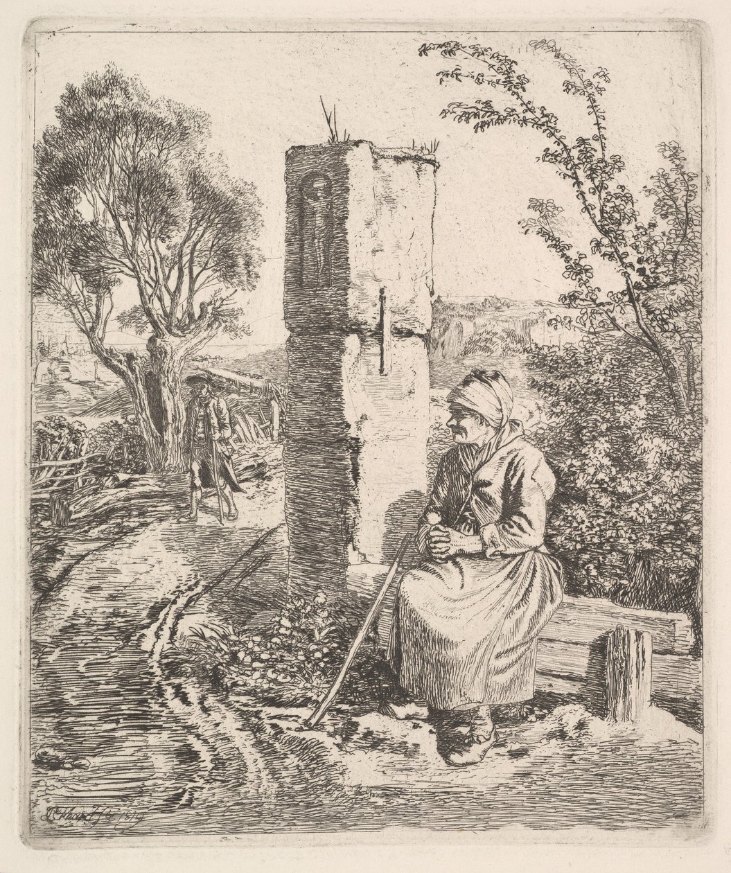 En gammel dame som sitter nær en søyle ved Side of Road, 1819. av Johann Christian Erhard