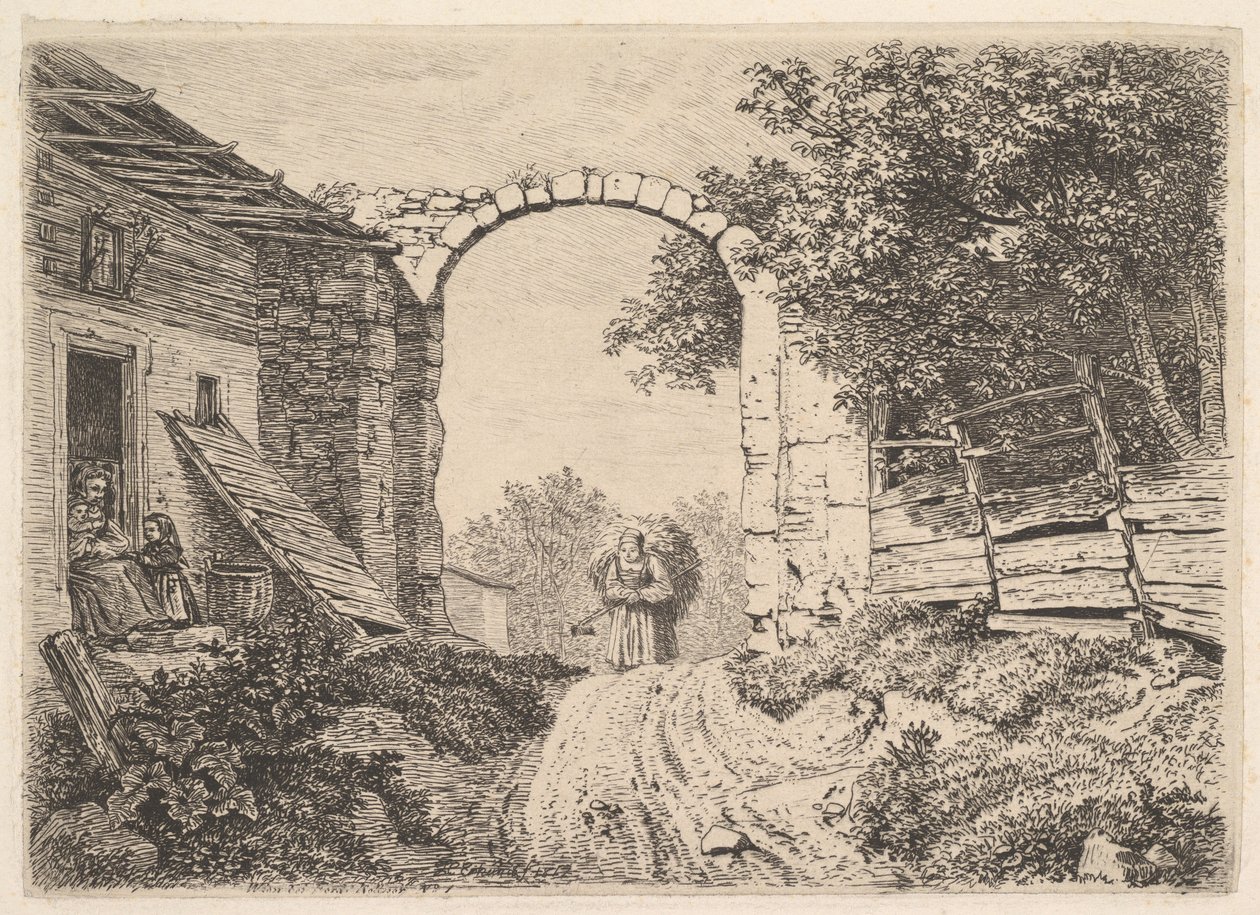 Jente med mye høy, utenfor Thorbogen, 1817. av Johann Christian Erhard