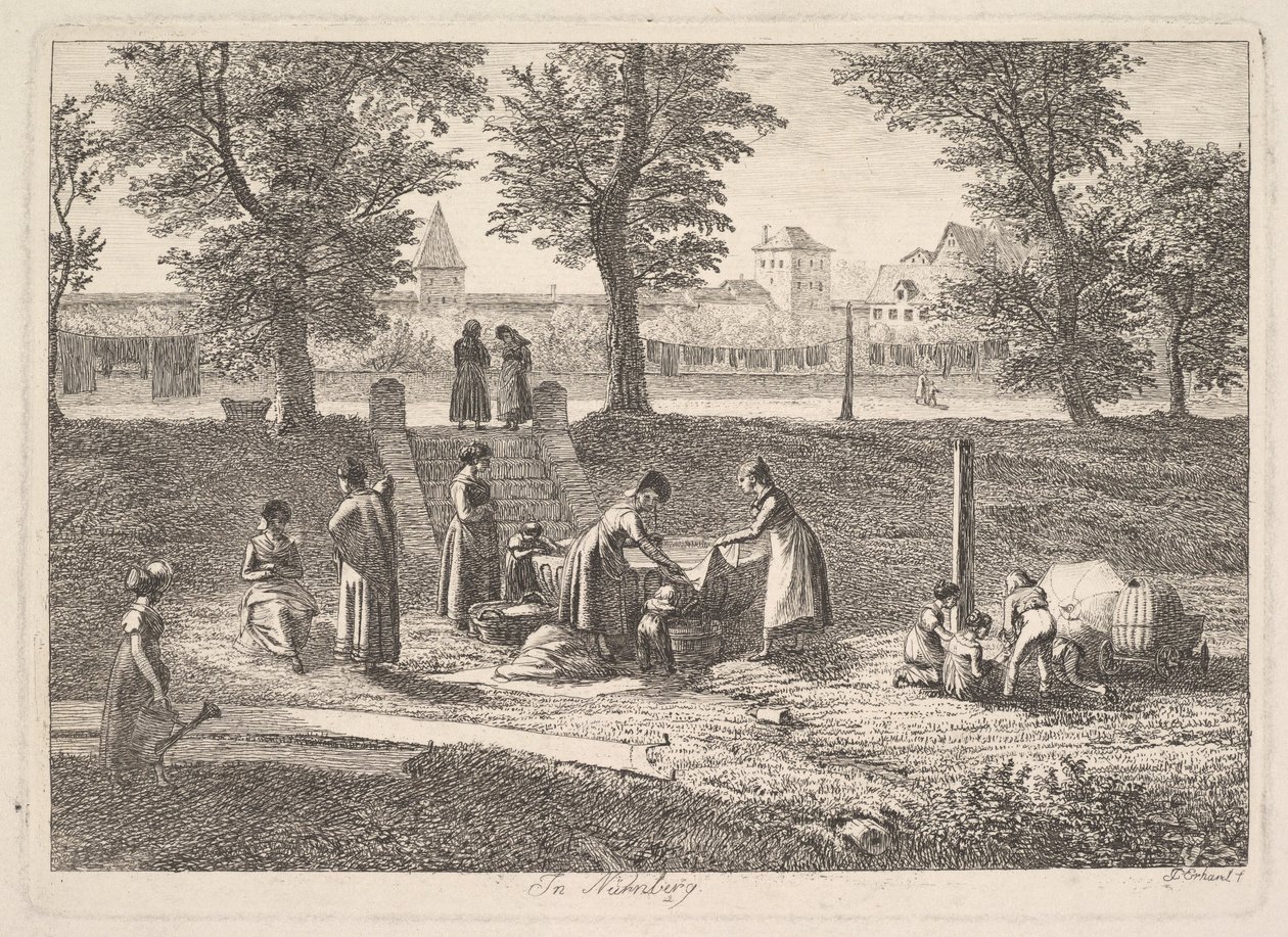Utendørsscene for kvinner i innenlandske aktiviteter i Nürnberg, 1800-tallet. av Johann Christian Erhard