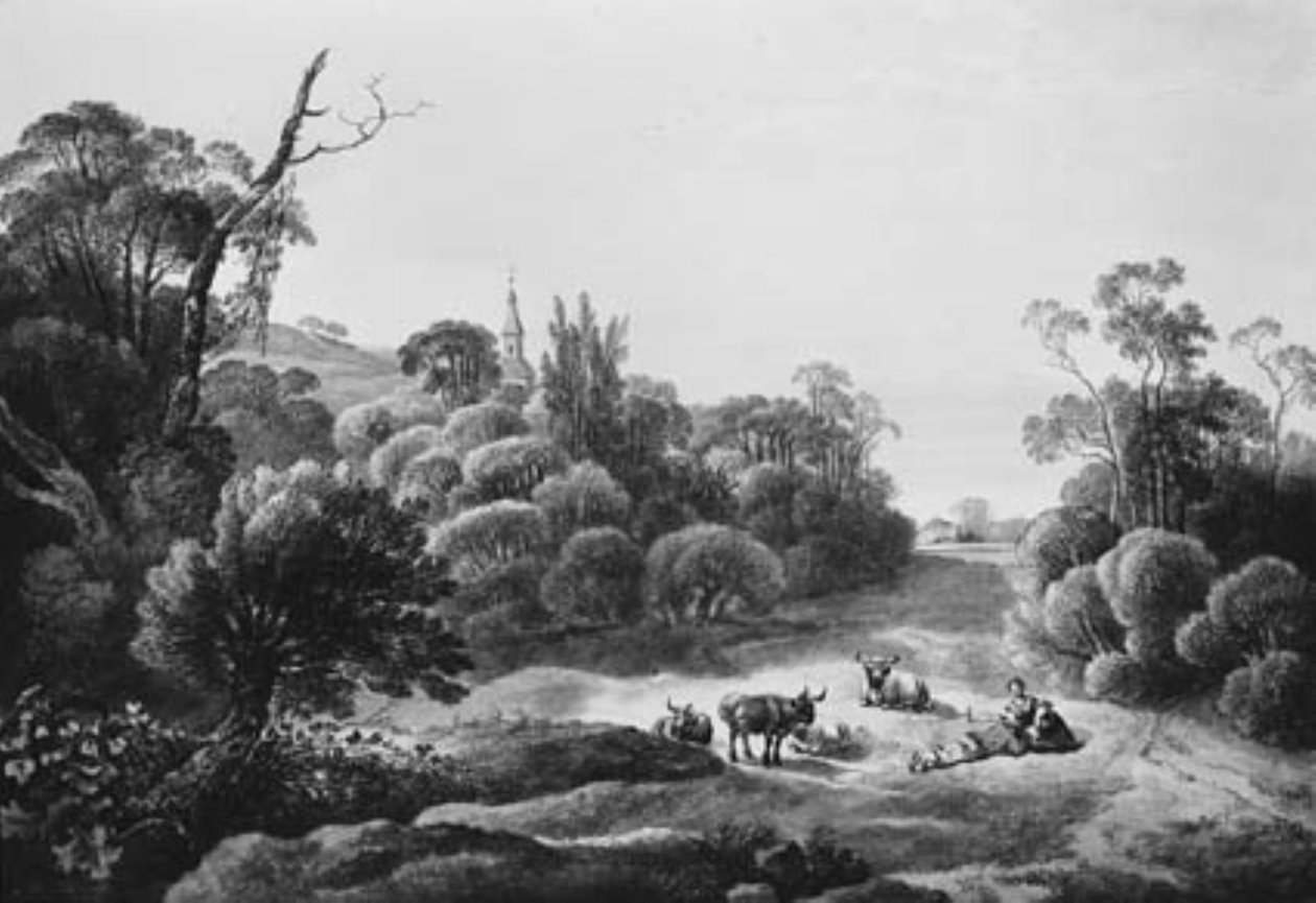 Landskap med storfe og gjeterpar av Johann Christian Klengel