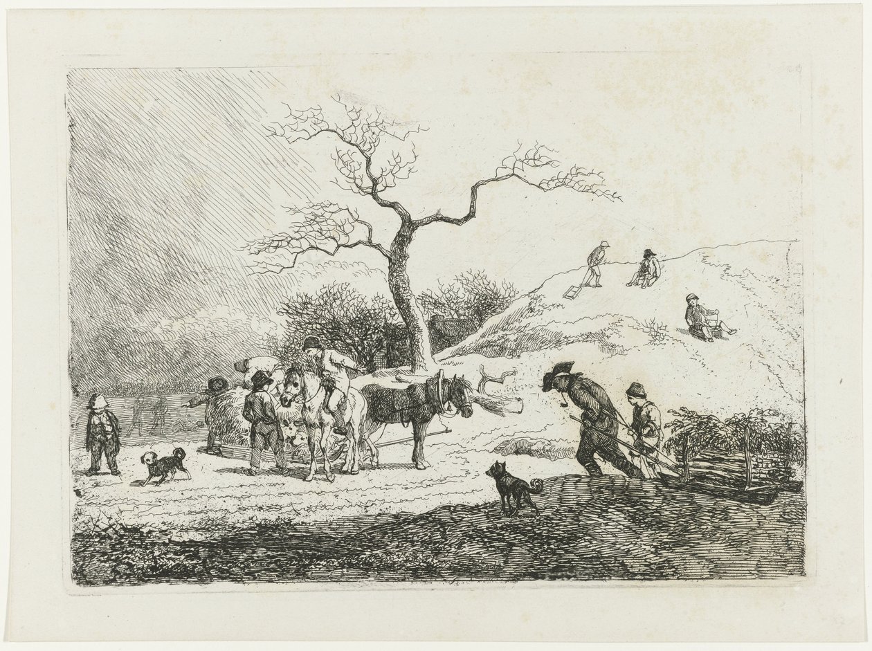 Vinterlandskap med akebarn og ulike sleder av Johann Christian Klengel