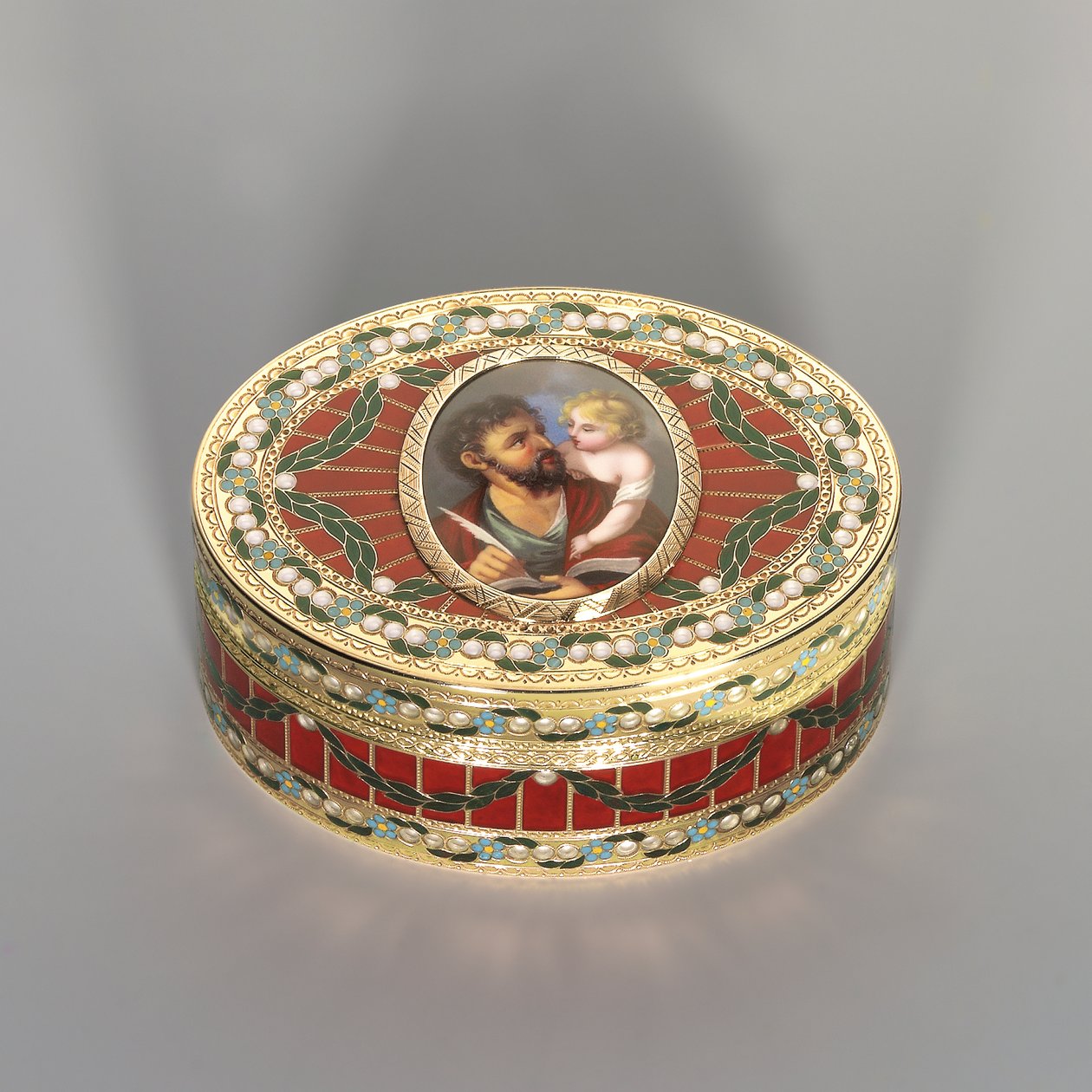 Snusboks, Dresden, ca. 1775-80, miniatyren Genève, ca. 1800 (saksisk hardstein, gull og emalje) av Johann Christian Neuber