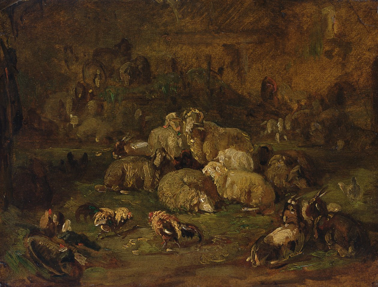 Sauer, geiter og kyllinger (olje på papir lagt ned på lerret) av Johann Christian Reinhardt