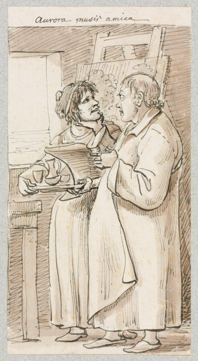 Eldre mann i lang frakk og kvinne med kaffeservise i hendene foran et staffeli av Johann Christian Reinhart
