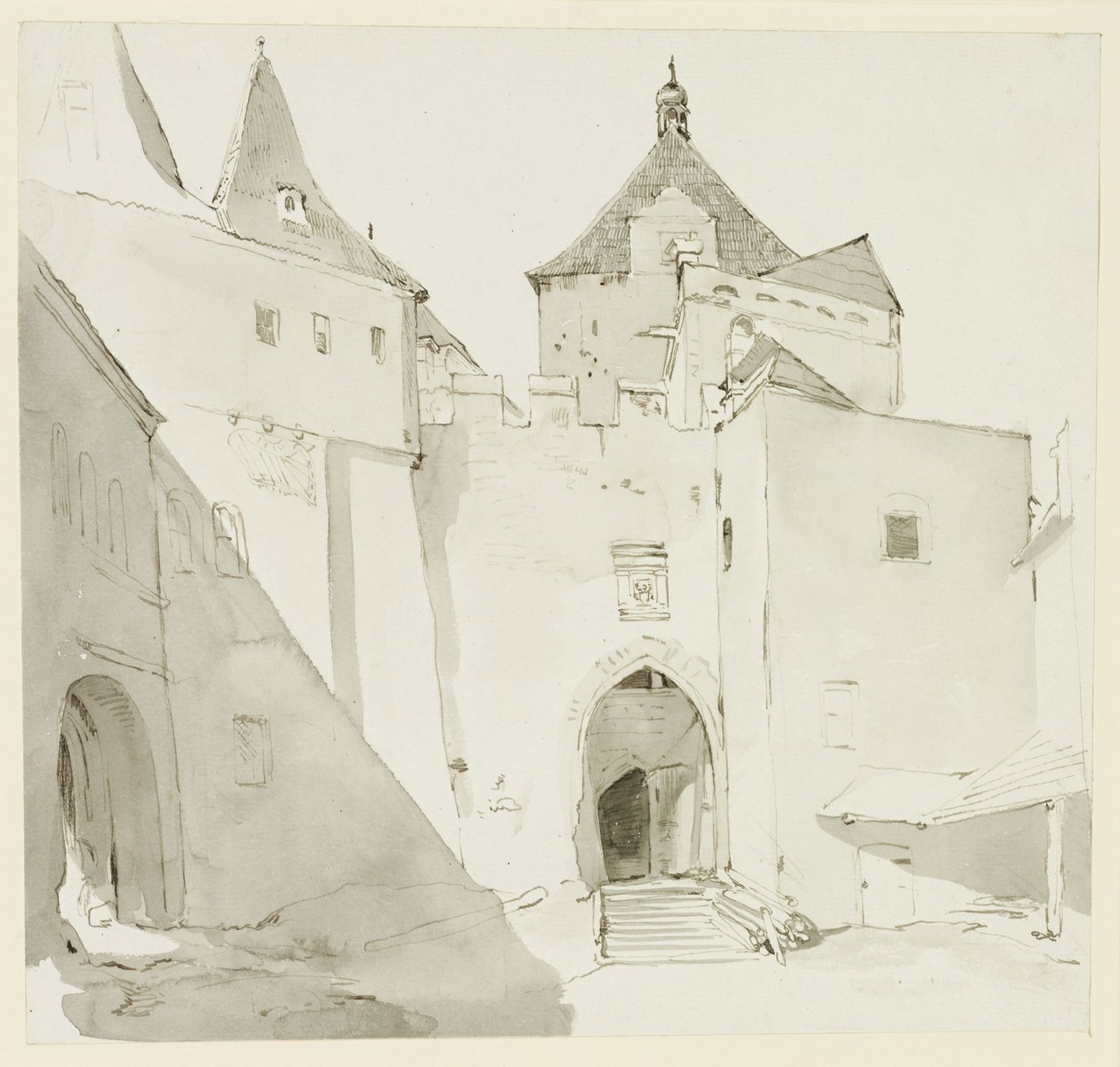 Gammel byport og tilstøtende bygninger av Johann Christian Reinhart