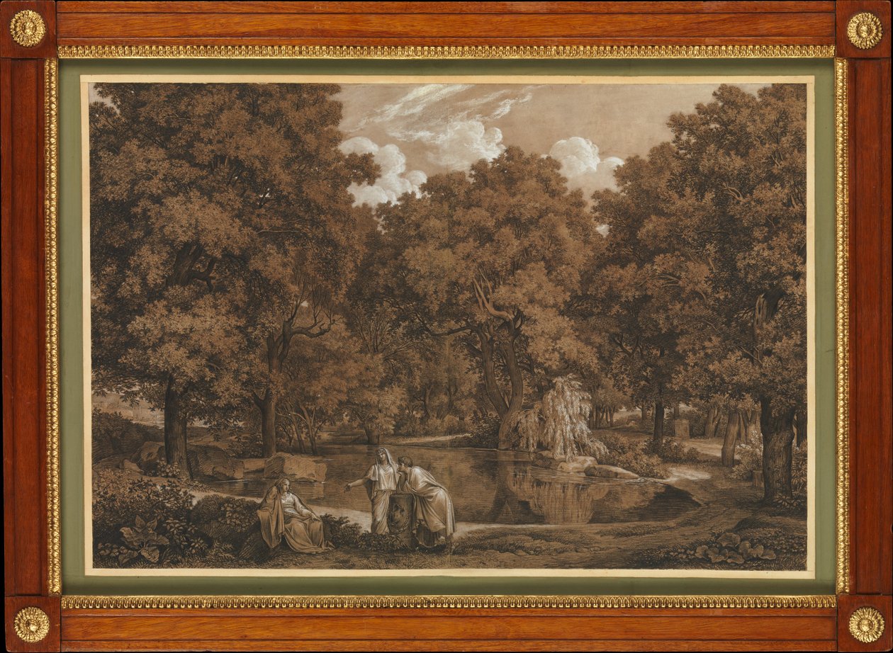 Arkadisk landskap med tre figurer ved en innsjø av Johann Christian Reinhart