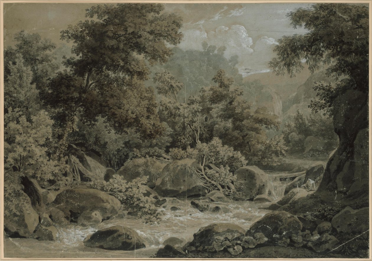 Fjell- og skoglandskap med en bekk i forgrunnen av Johann Christian Reinhart