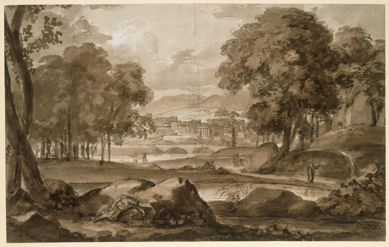 Stort skoglandskap med en antikk by og staffasjefigurer av Johann Christian Reinhart