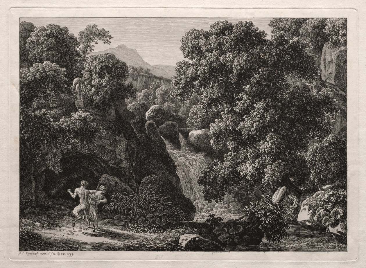 Heroisk landskap: Satyren og nymfen av Johann Christian Reinhart