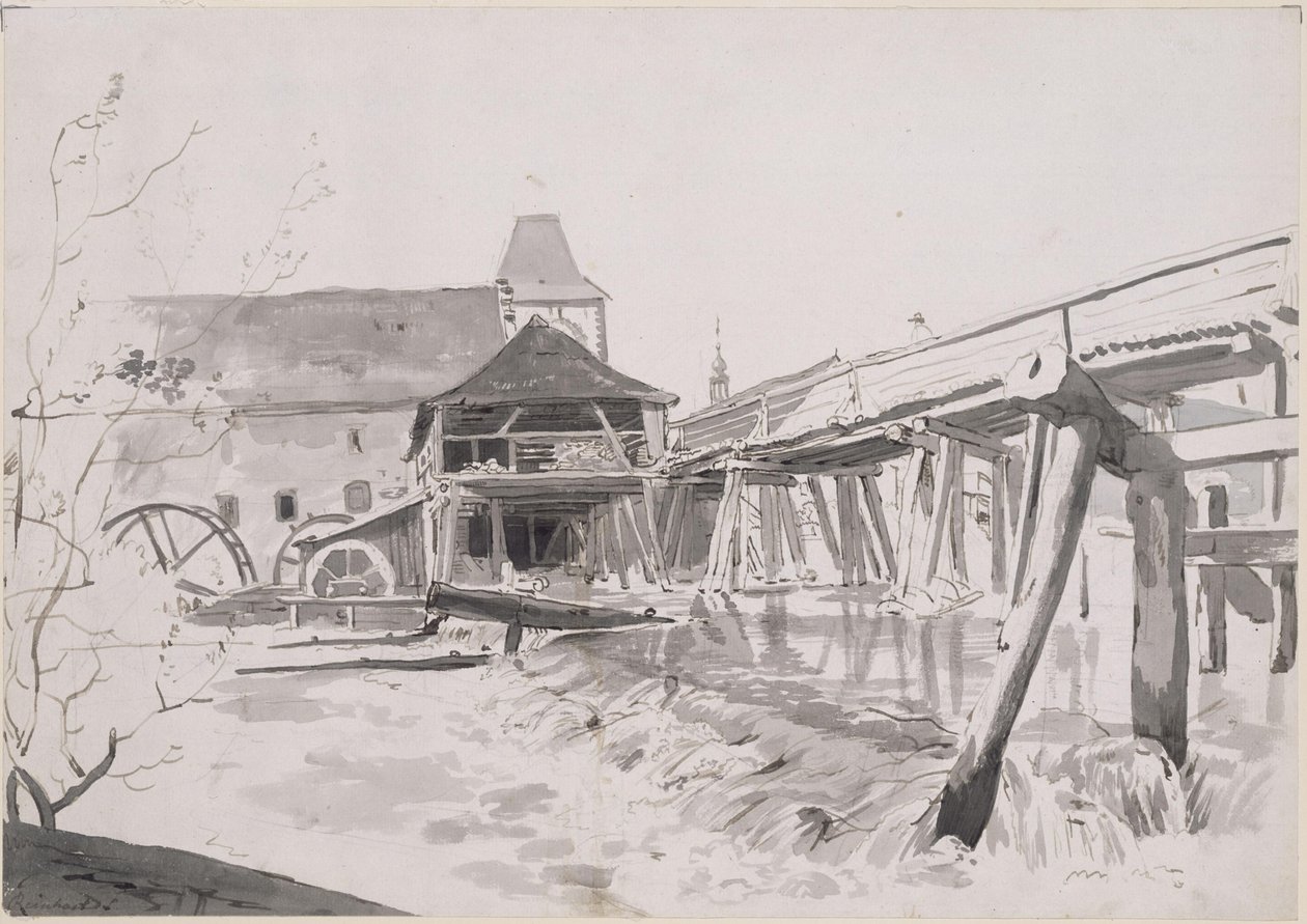 Trebro med demning og vannmølle av Johann Christian Reinhart