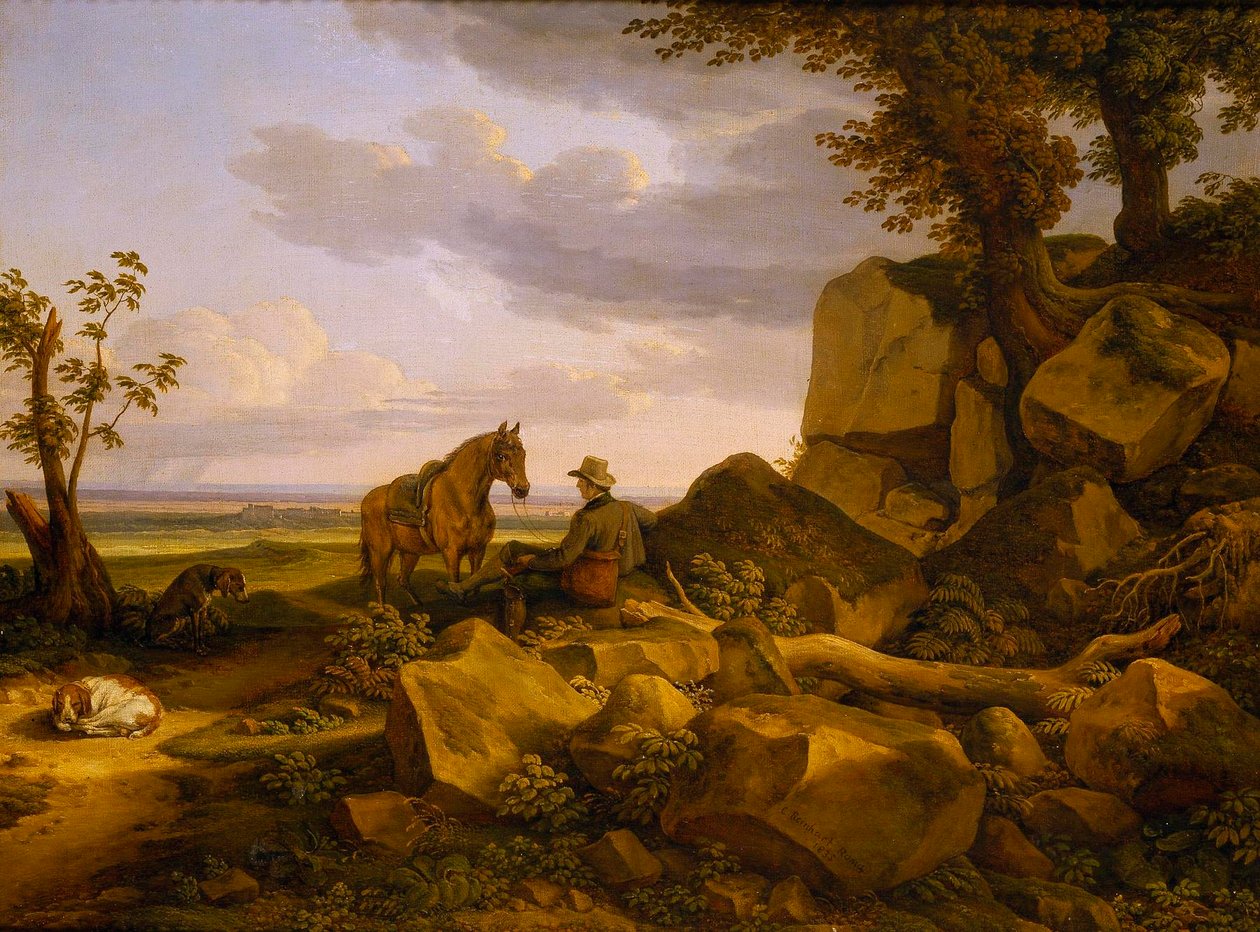 Italiensk landskap med hvilende jeger, selvportrett av Johann Christian Reinhart