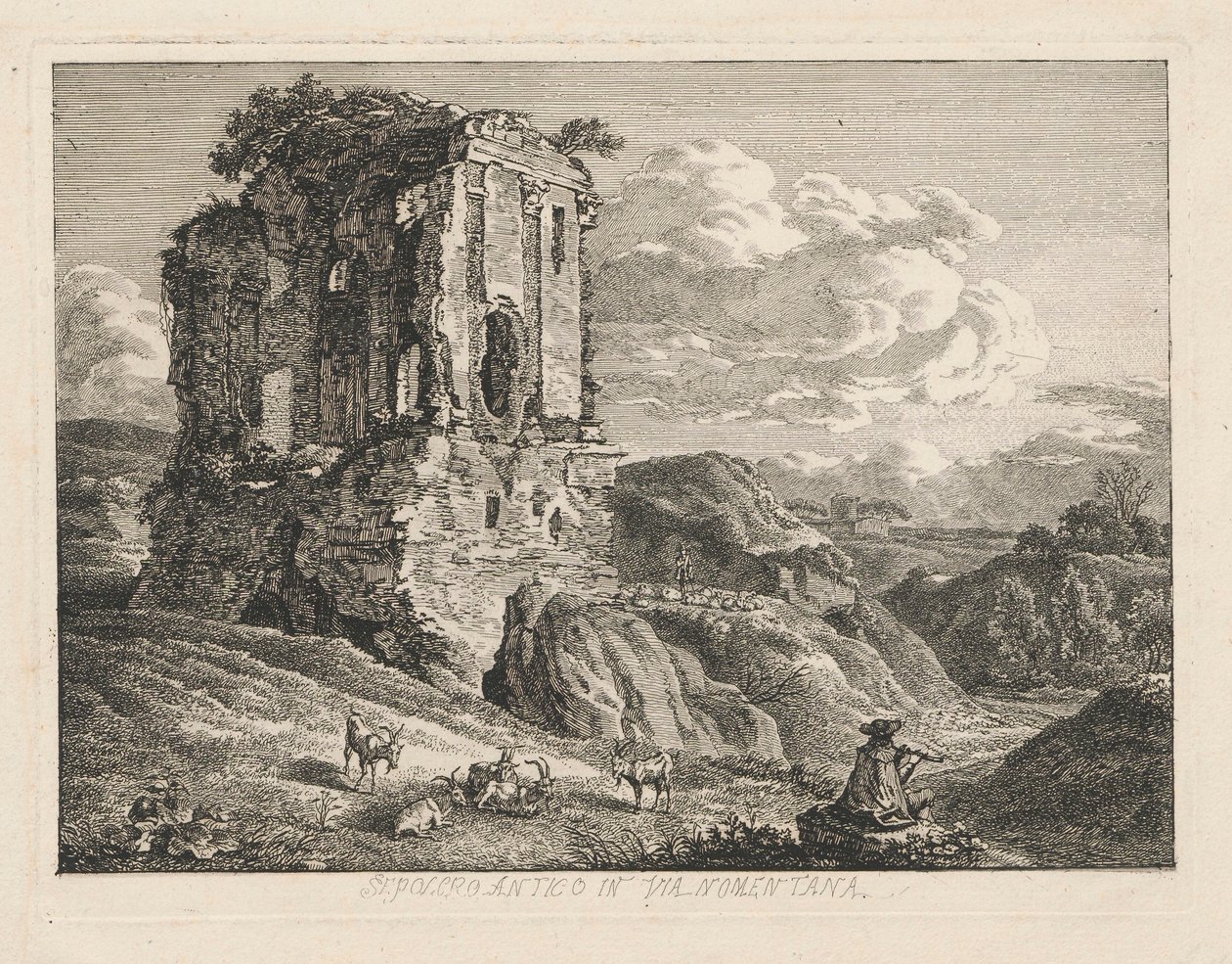 Landskap med en antikk grav, geiter til høyre og en gjeter som spiller fløyte av Johann Christian Reinhart