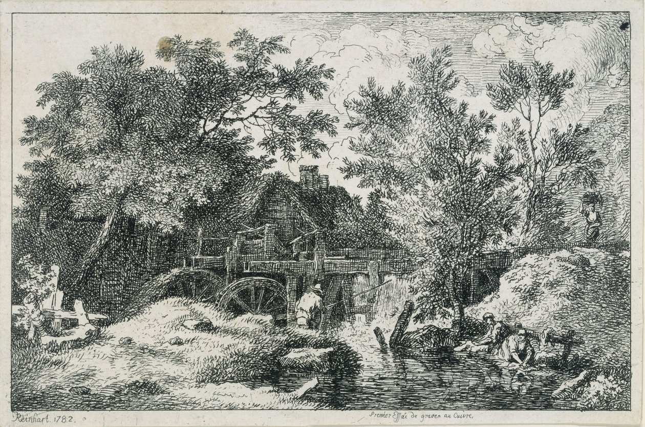 Landskap med vannmølle (første forsøk på kobberstikk) av Johann Christian Reinhart