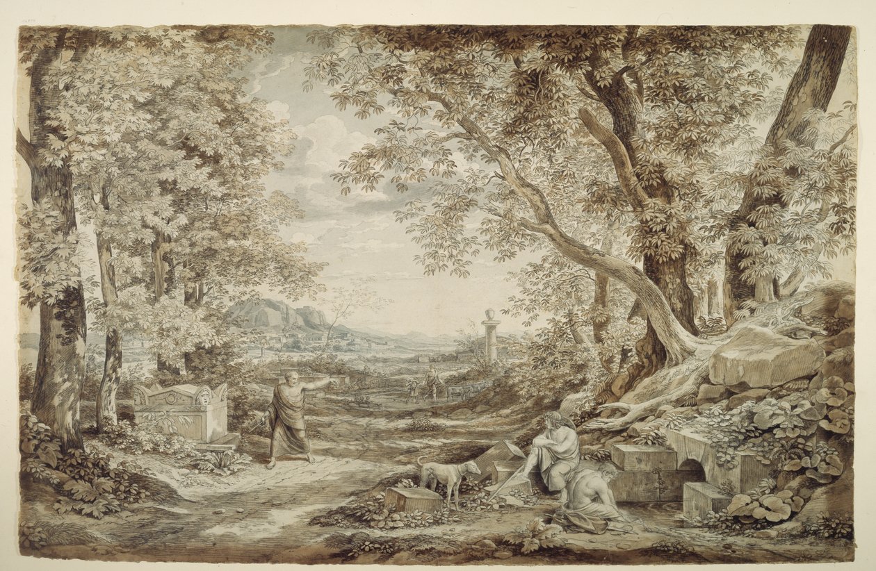 Landskap med antikke monumenter («Oppfinnelsen av det korintiske kapitélet») av Johann Christian Reinhart