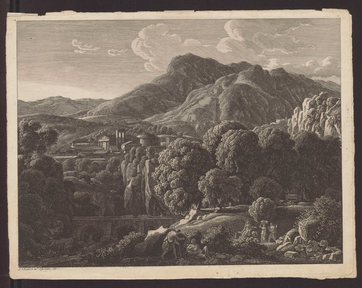 Fjellandskap med en by med klassisk arkitektur i bakgrunnen av Johann Christian Reinhart