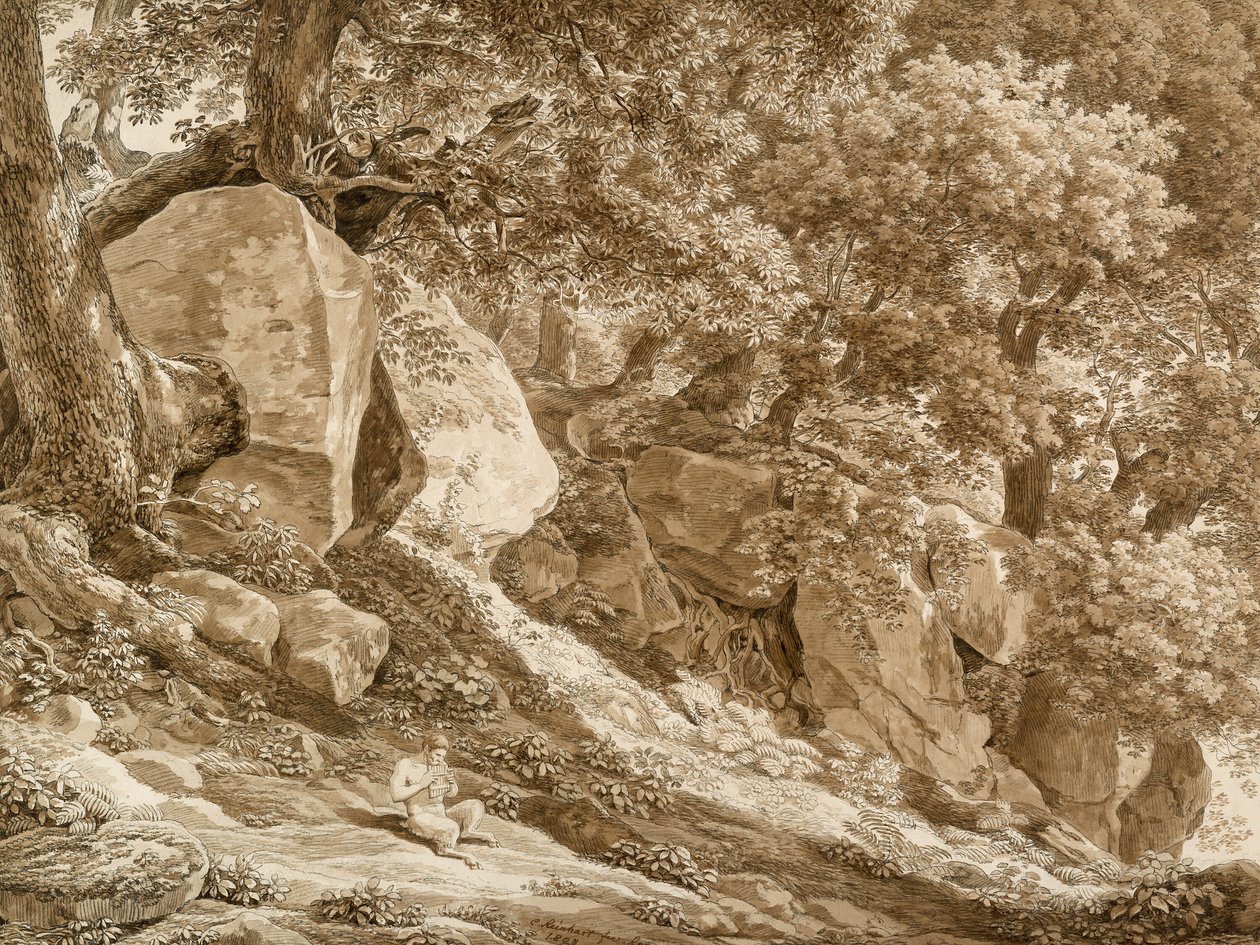 Steinete landskap med pan som spiller på fløyte (I parken til Villa Chigi, Ariccia) av Johann Christian Reinhart
