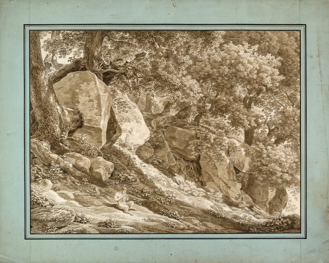 Steinete landskap med pan som spiller på fløyte av Johann Christian Reinhart