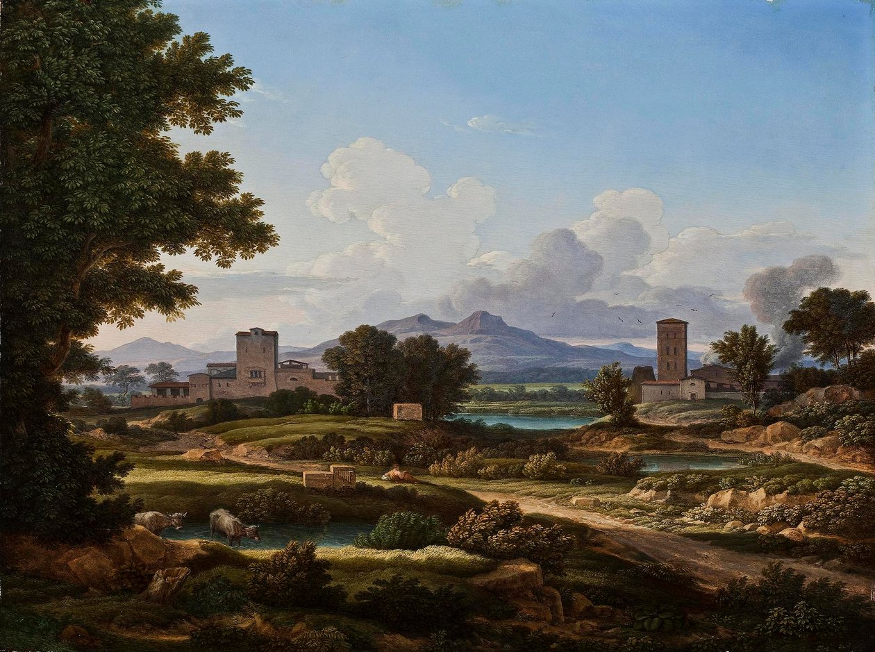 Romersk landskap, komponert med elementer fra Torre del Quinto av Johann Christian Reinhart
