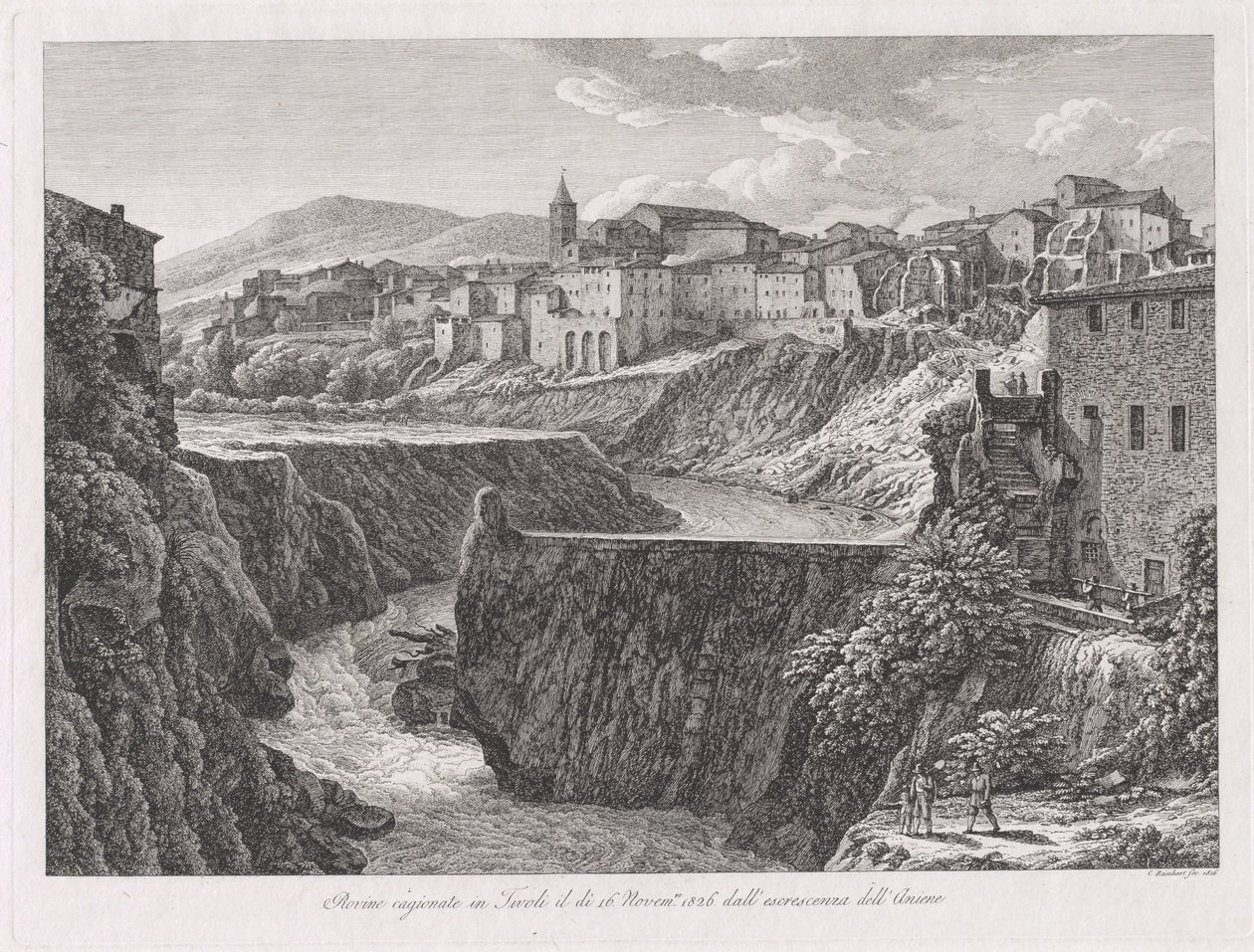 Ruiner forårsaket i Tivoli, av utveksten av Aniene (Tivoli skadet av flom av elven Aniene) av Johann Christian Reinhart