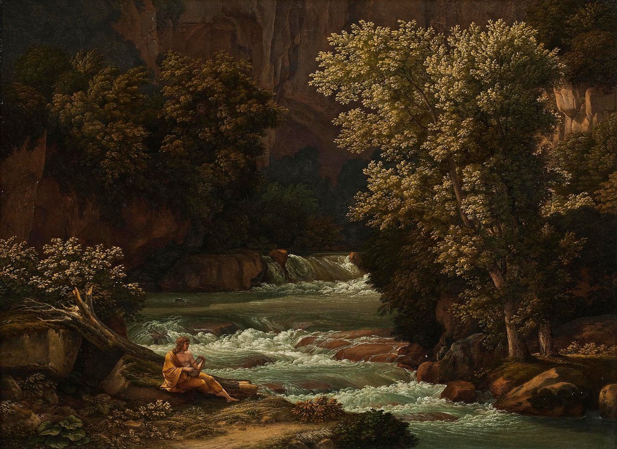 Utsikt over Ponte Lupo nær Tivoli med en person som spiller lyre i forgrunnen av Johann Christian Reinhart