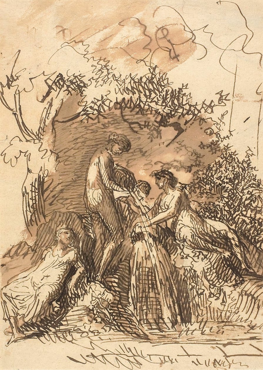 Unge jenter ved en fontene (recto); Fragment av Sketch of Legs (verso) av Johann Christian Reinhart