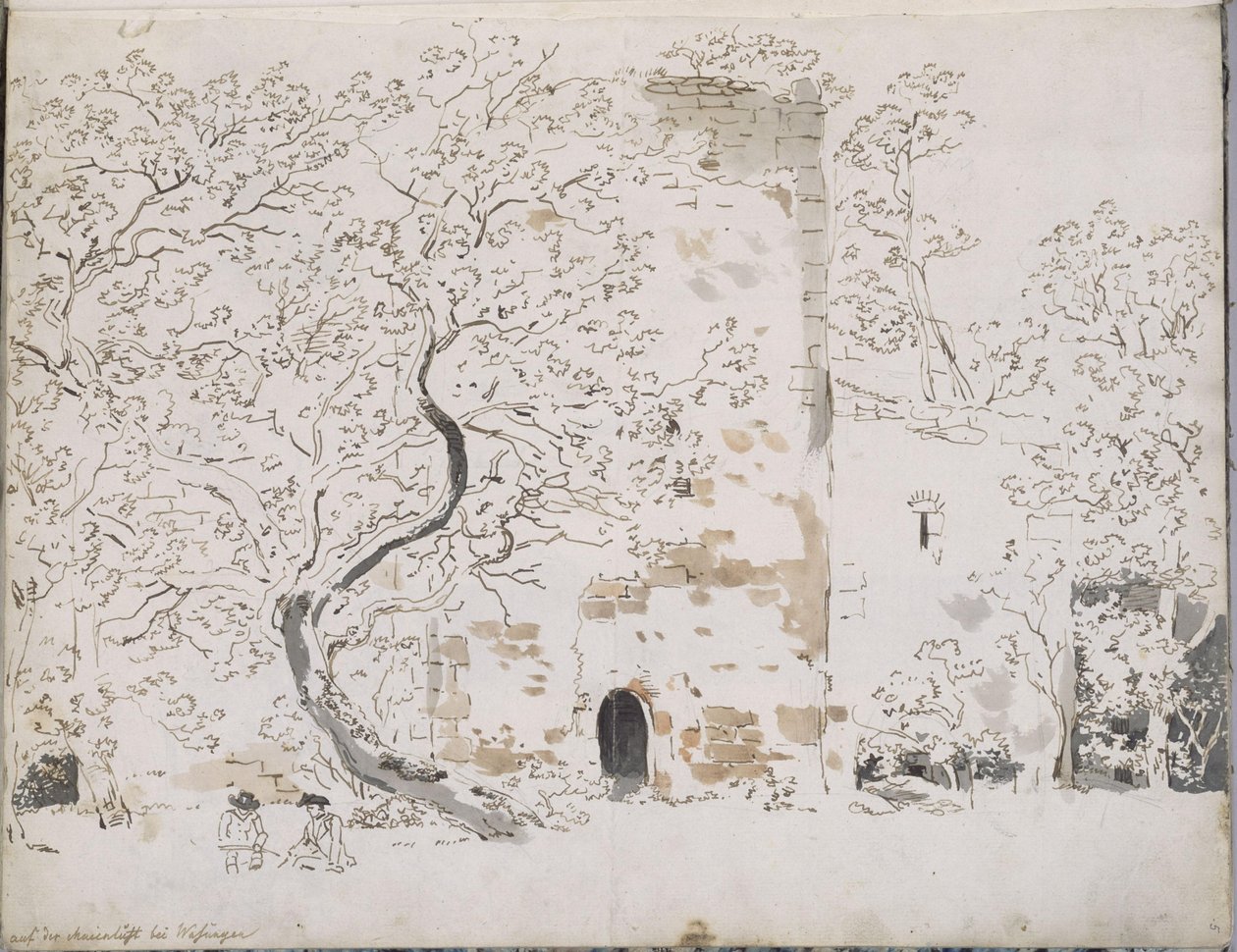 To tegnere foran en borg bak trær: på Maienlust ved Wasungen av Johann Christian Reinhart