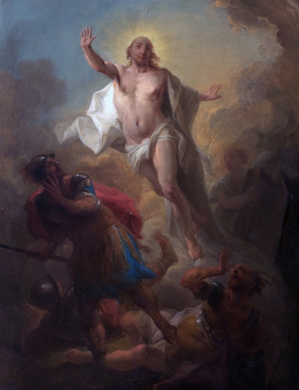 Kristus står opp fra graven og romerske soldater på flukt (olje om bord) av Johann Christian Thomas (attr.to) Winck