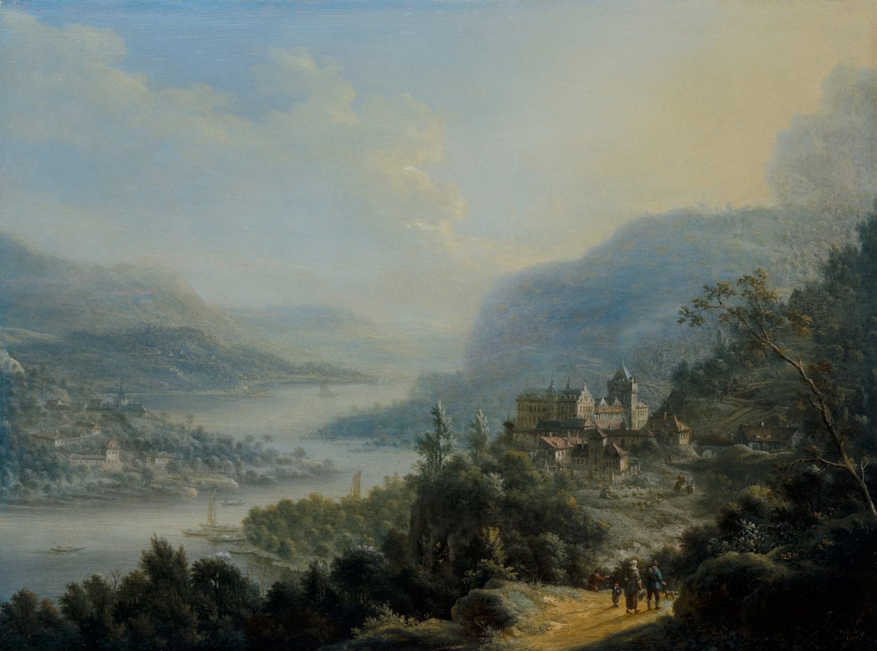 Et omfattende rheinsk landskap med reisende på en vei ved et slott av Johann Christian Vollerdt or Vollaert