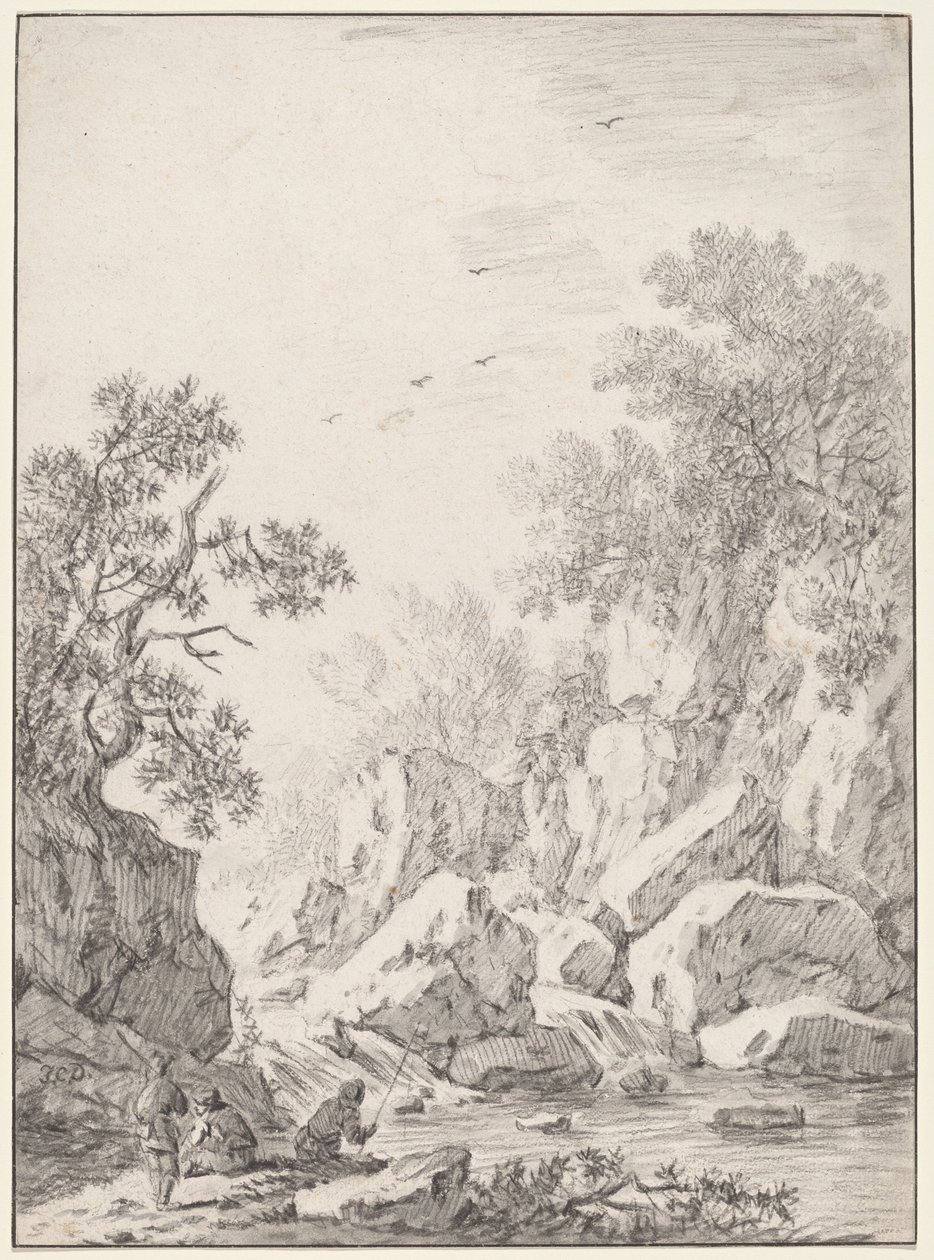 En foss ved Rock Cliffs av Johann Christoph Dietzsch