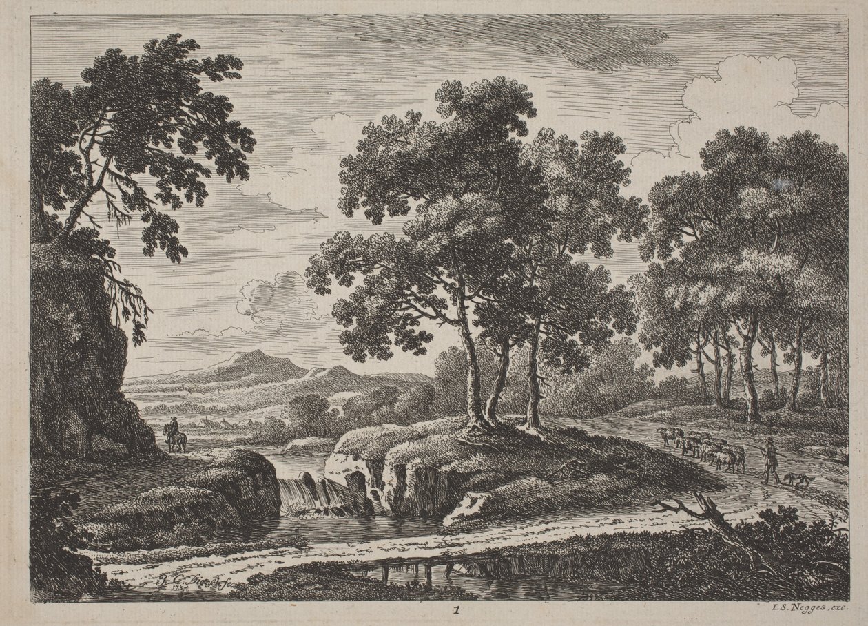 Panoramautsikt over elvelandskap med reisende av Johann Christoph Dietzsch
