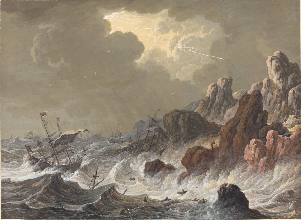 Storm-kastede skip vraket på en steinete kyst av Johann Christoph Dietzsch