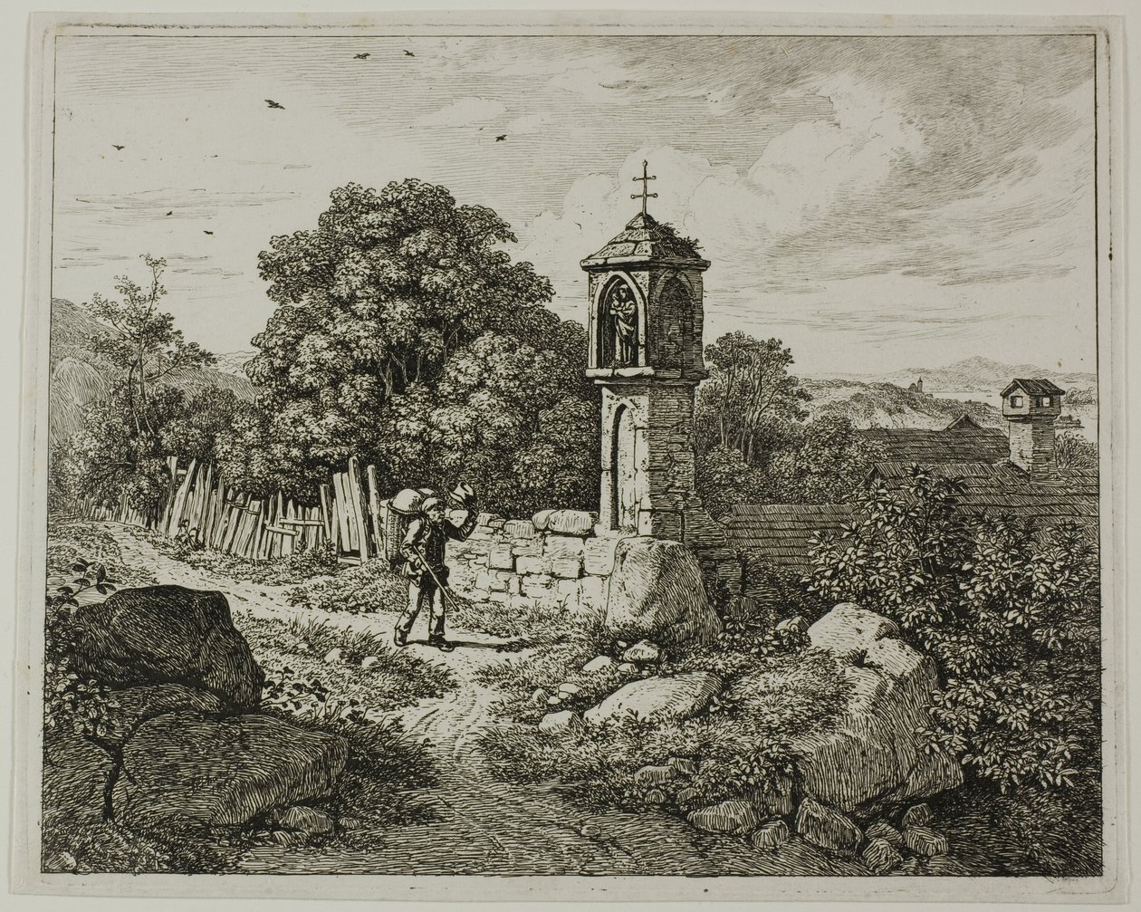 Farmer Greeting a Roadside Shrine of the Madonna, plate en fra The Two Large Landscapes with the Prayer Pillars av Johann Christoph Erhard