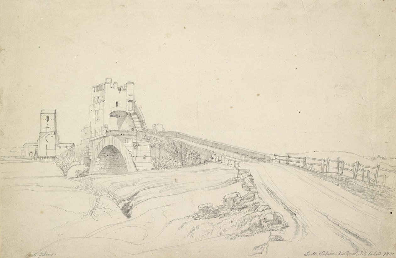 Ponte Salario nær Roma, 1821 (grafitt på off-white papir) av Johann Christoph Erhard